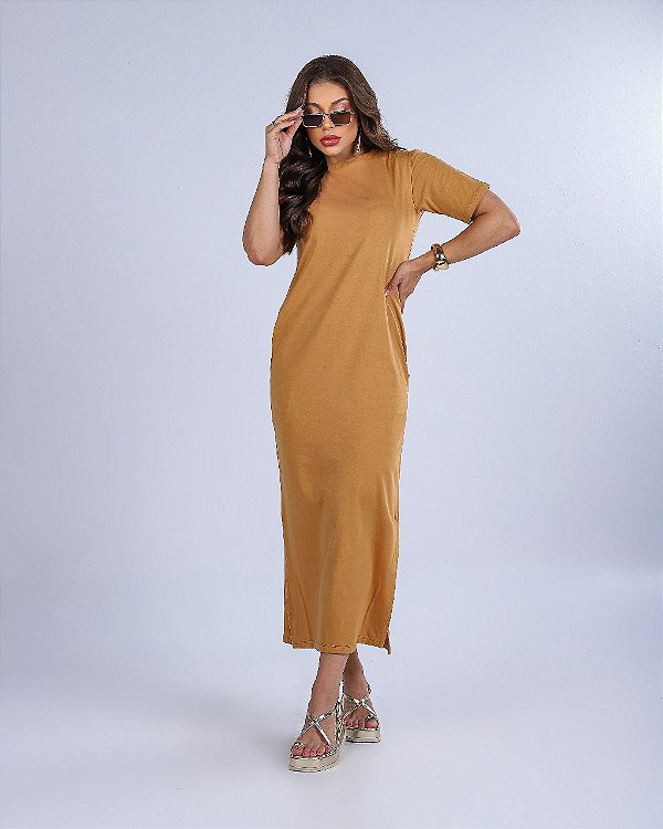 VESTIDO MAITÊ LISO DE ALGODÃO COM BOLSO - DOCE DE LEITE