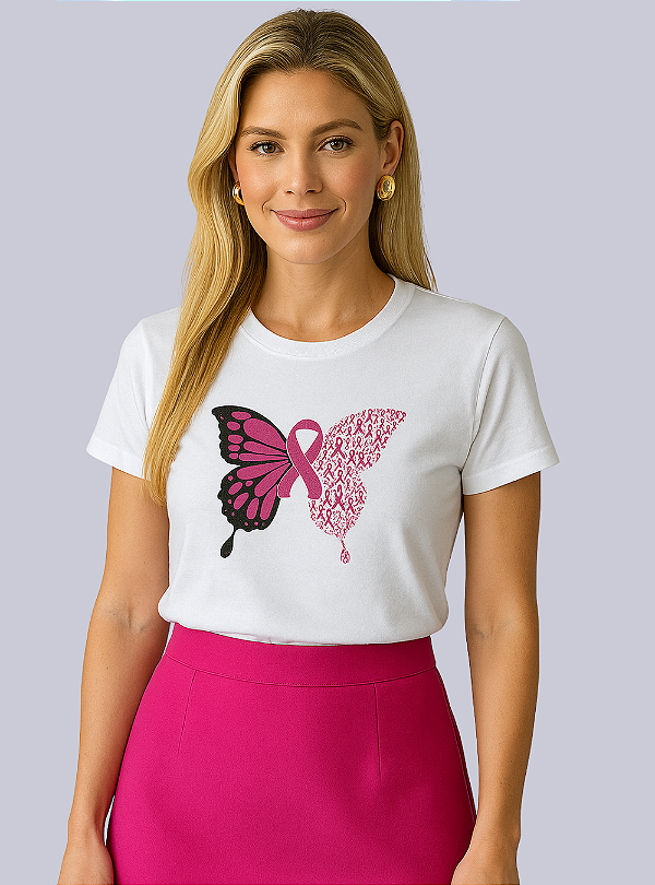 T-SHIRT OUTUBRO ROSA C/GLITTER - BRANCO