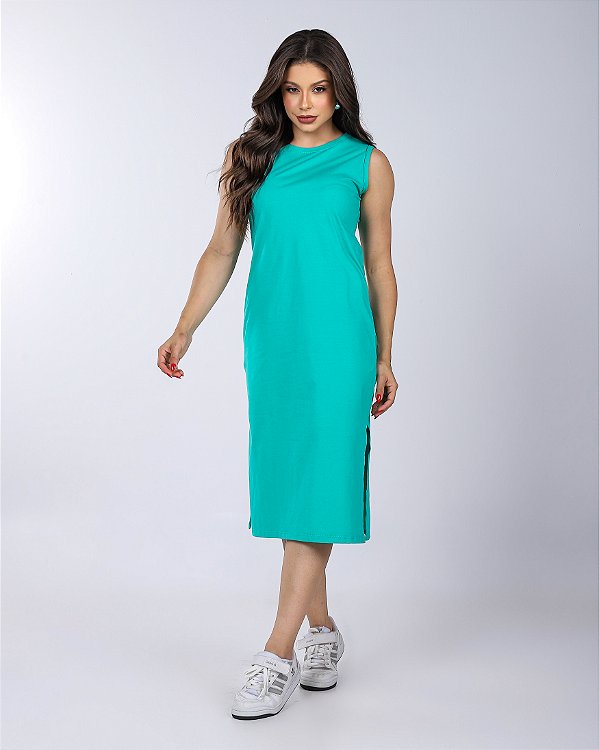VESTIDO MIDI CAVADO LISO - VERDE ACQUAMARINE