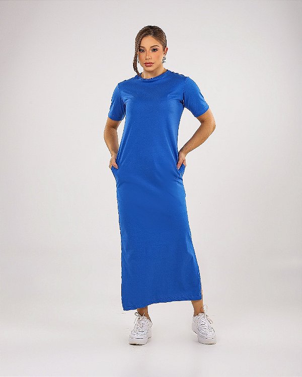 VESTIDO MAITÊ LISO DE ALGODÃO COM BOLSO - AZUL CANETA