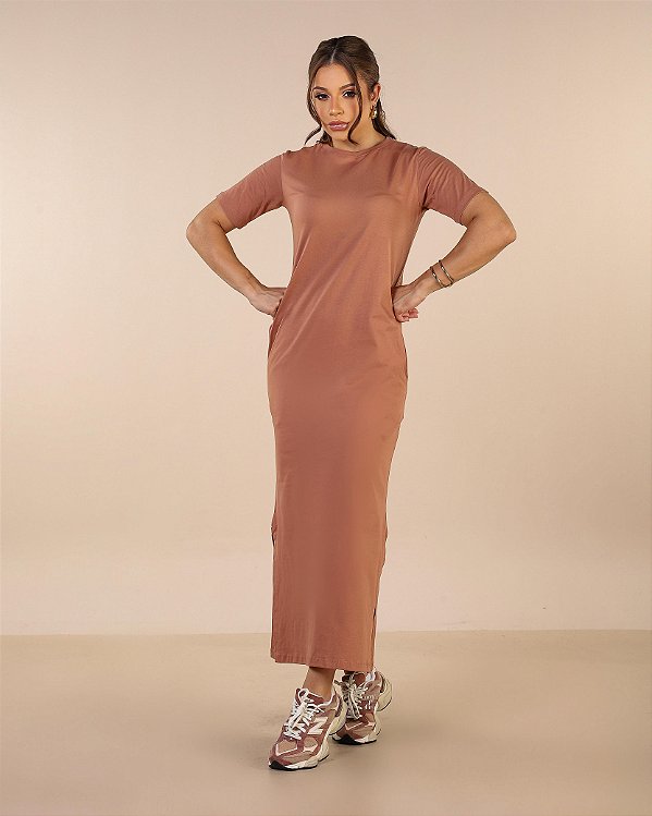 VESTIDO MAITÊ LISO DE ALGODÃO COM BOLSO - MOCHA MOUSSE