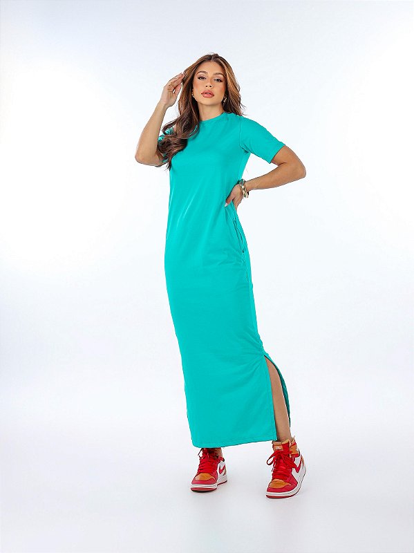 VESTIDO MAITÊ LISO DE ALGODÃO COM BOLSO - VERDE JADE
