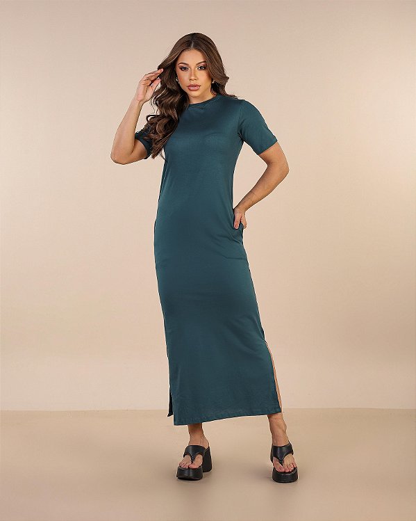 VESTIDO MAITÊ LISO DE ALGODÃO COM BOLSO - VERDE NOITE