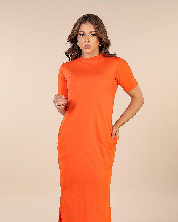 VESTIDO MAITÊ LISO DE ALGODÃO COM BOLSO - LARANJA ENERGIC