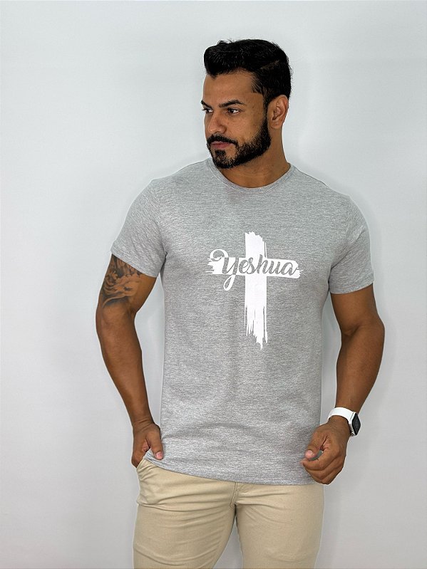 CAMISETA MASCULINA YESHUA CRUZ - CINZA MESCLA