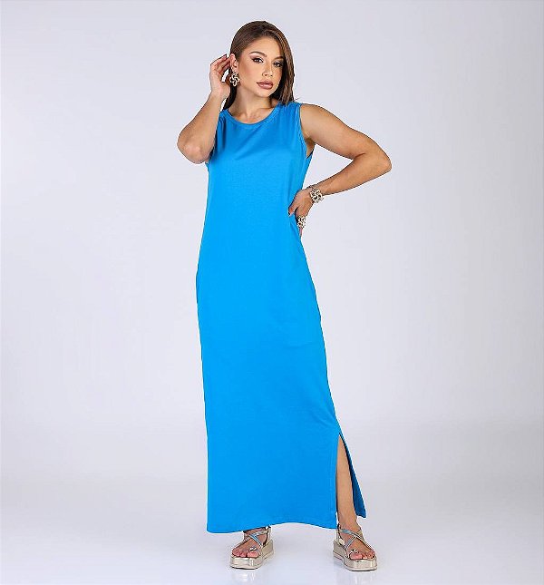 VESTIDO MIDI CAVADO C/BOLSO - AZUL REAL
