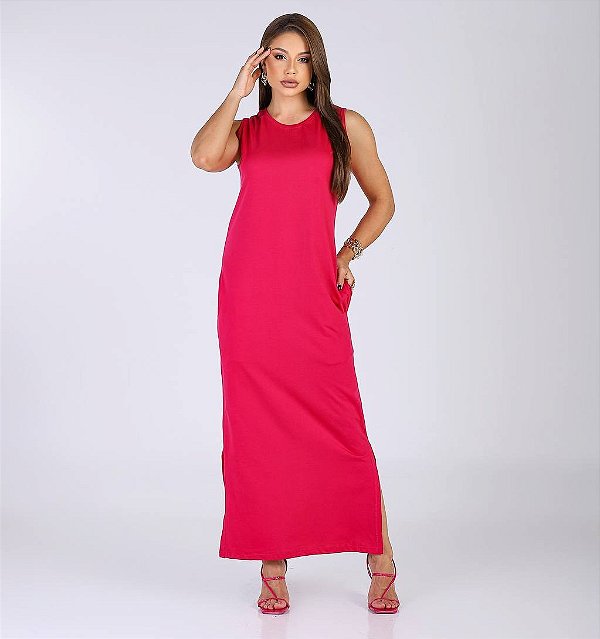 VESTIDO MIDI CAVADO C/BOLSO - FUCSIA