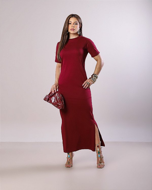 VESTIDO MAITÊ LISO DE ALGODÃO COM BOLSO - BORDO