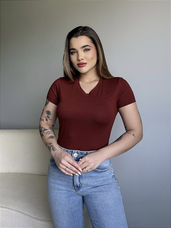 T-SHIRT GOLA V VISCOLYCRA - MARROM