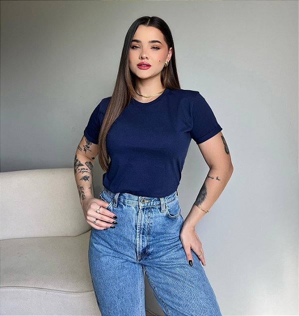 T-SHIRT MANGA DOBRADA - AZUL MARINHO