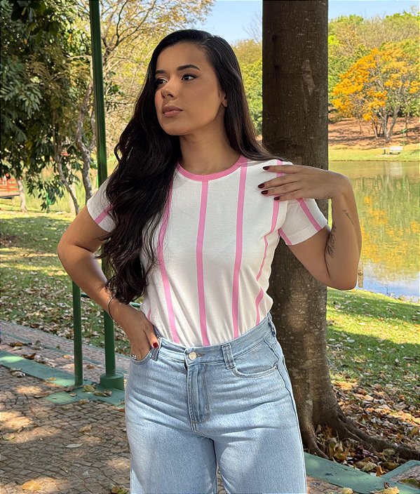 T-SHIRT LISTRADA TOTAL (ROSA BEBE) - OFF WHITE