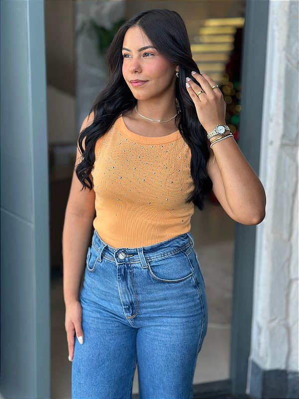 REGATA CANELADA COM STRASS - LARANJA CREAM