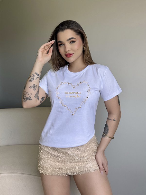 T-SHIRT RECARREGUE O CORAÇÃO C/APLICAÇÃO - BRANCO