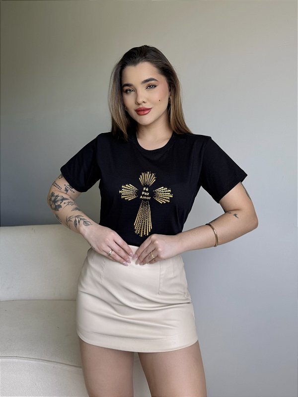 T-SHIRT FÉ PAZ AMOR C/STRASS - PRETO
