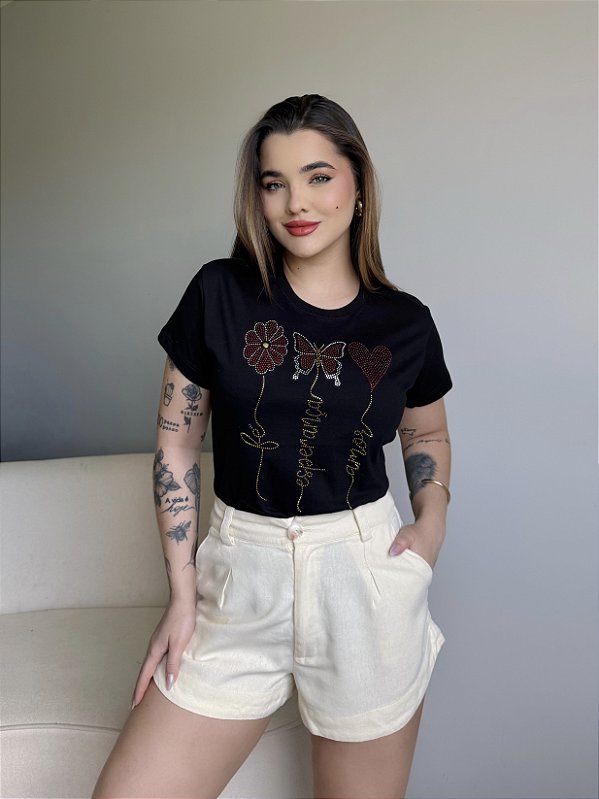 T-SHIRT FÉ ESPERANÇA AMOR C/STRASS - PRETO