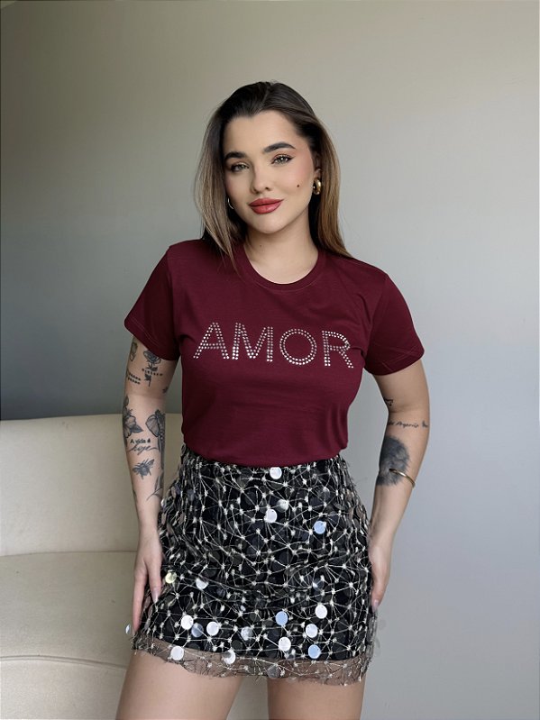 T-SHIRT AMOR C/STRASS - BORDO