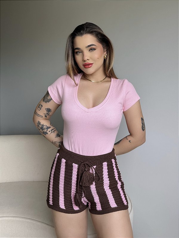 T-SHIRT CANELADA GOLA V - ROSA BEBE