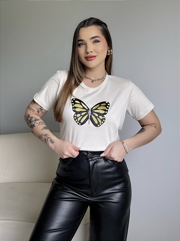 T-SHIRT BORBOLETA (BORDADA) - BEGE NATURAL
