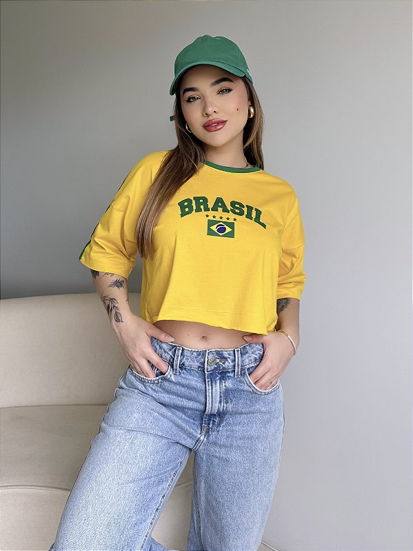 CROPPED OVERSIZED BRASIL LISTRAS - AMARELO