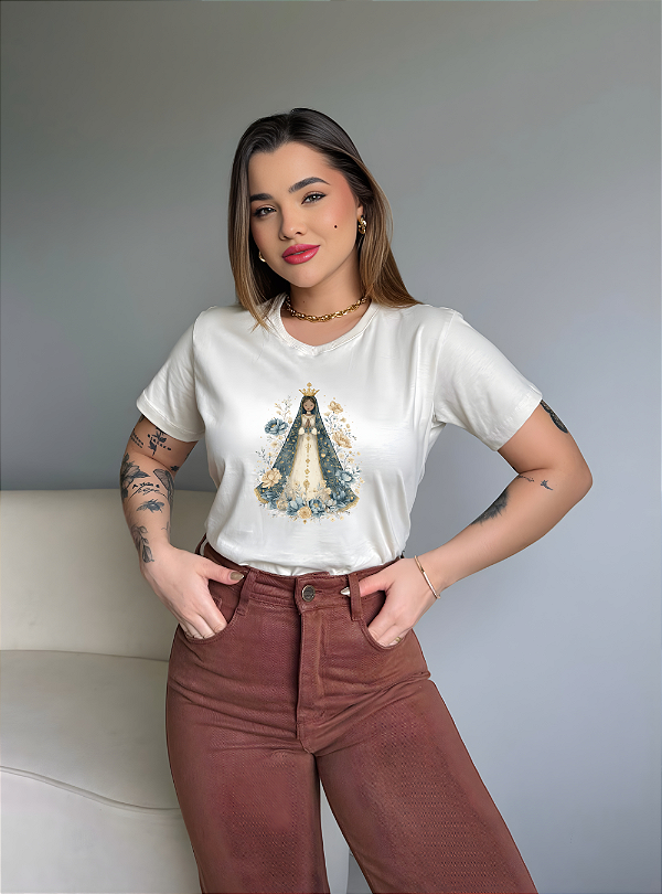 T-SHIRT DTF NOSSA SENHORA APARECIDA FLORES - OFF WHITE