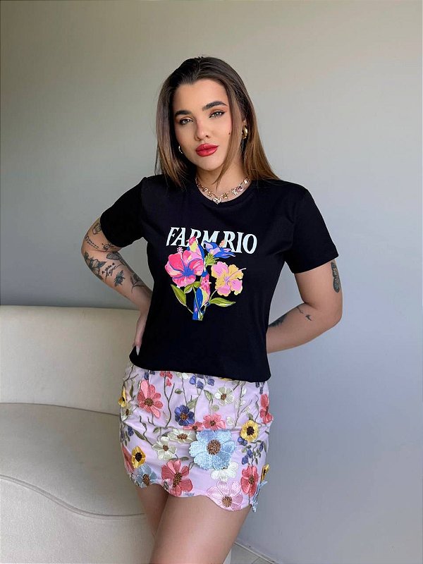 T-SHIRT DTF FARM RIO FLORES - PRETO