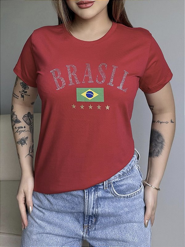 T-SHIRT DTF BRASIL STRASS PRATA  - VERMELHO