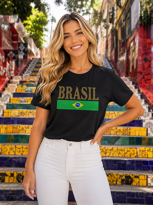 T-SHIRT DTF BRASIL BANDEIRA DOURADO - PRETO