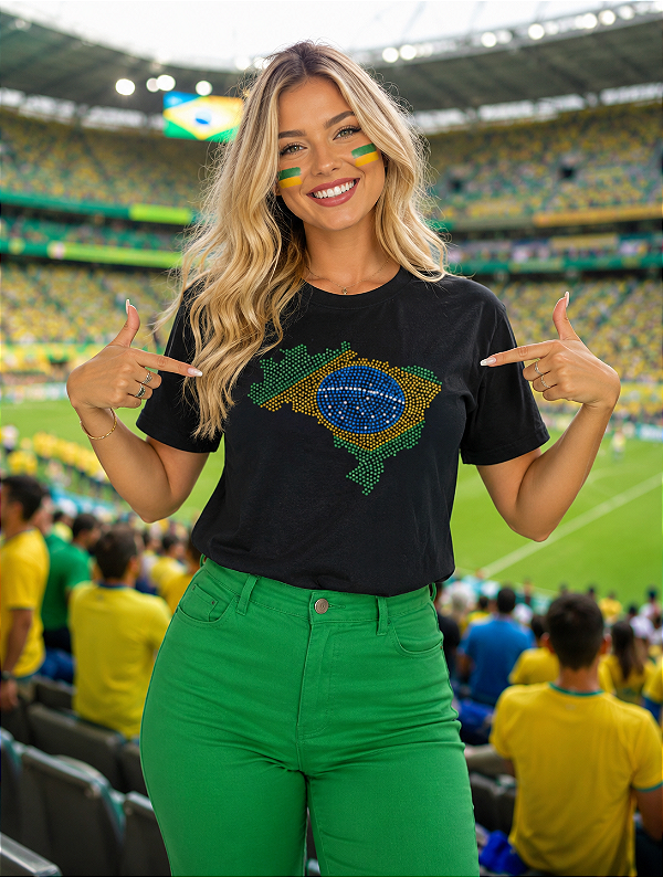 T-SHIRT DTF BRASIL MAPA STRASS - PRETO