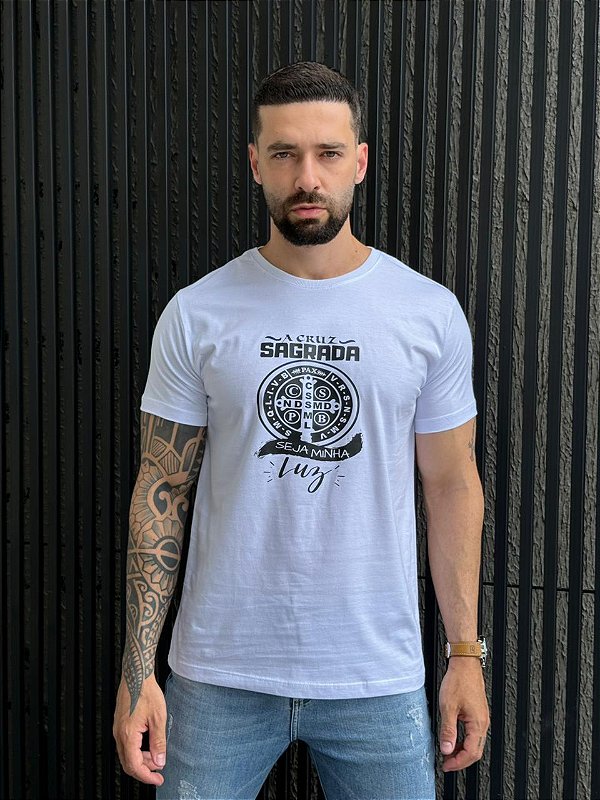 CAMISETA MASCULINA DTF  A CRUZ SAGRADA - BRANCO