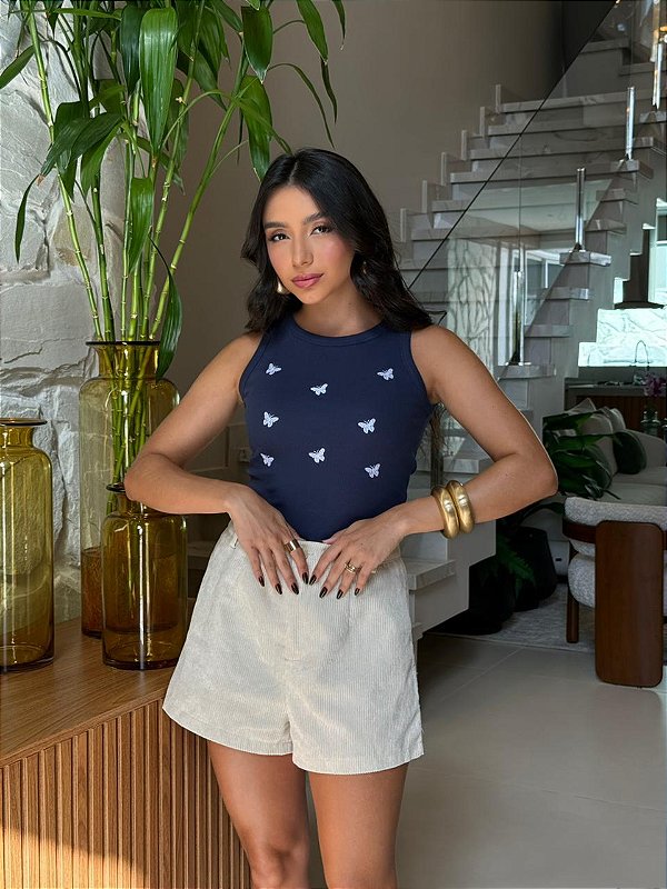 REGATA CANELADA (BORDADA) BORBOLETINHA - AZUL MARINHO