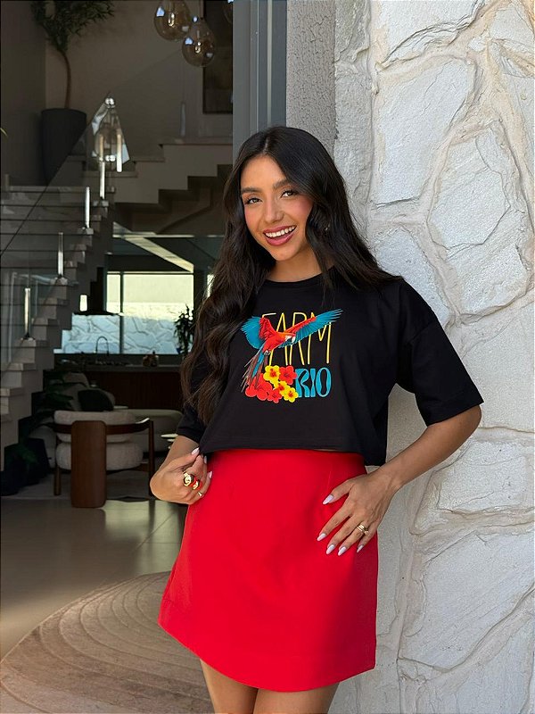 CROPPED OVERSIZED DTF ARARA FLORES FARM RIO - PRETO
