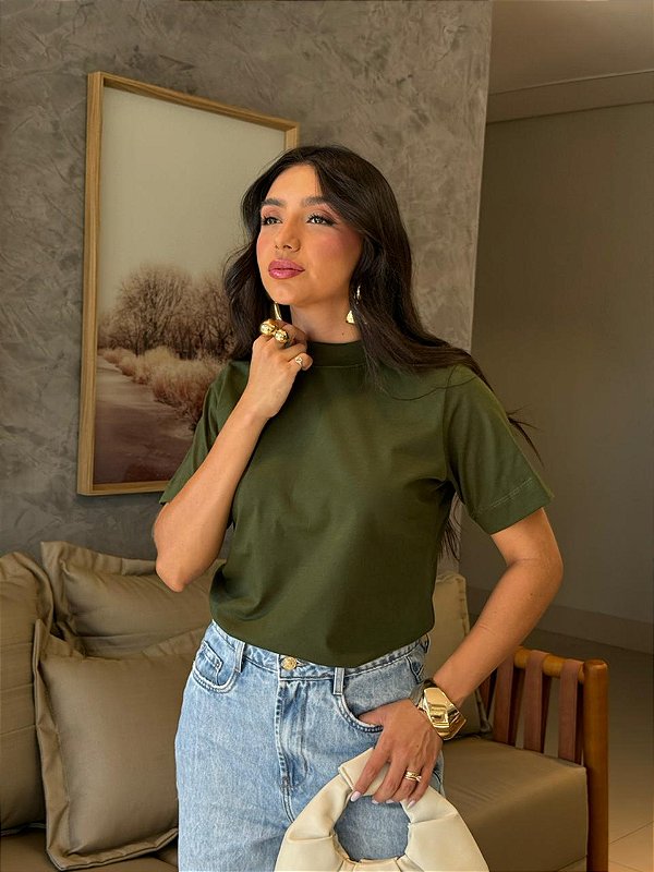 T-SHIRT GOLA ALTA LISA - VERDE MILITAR