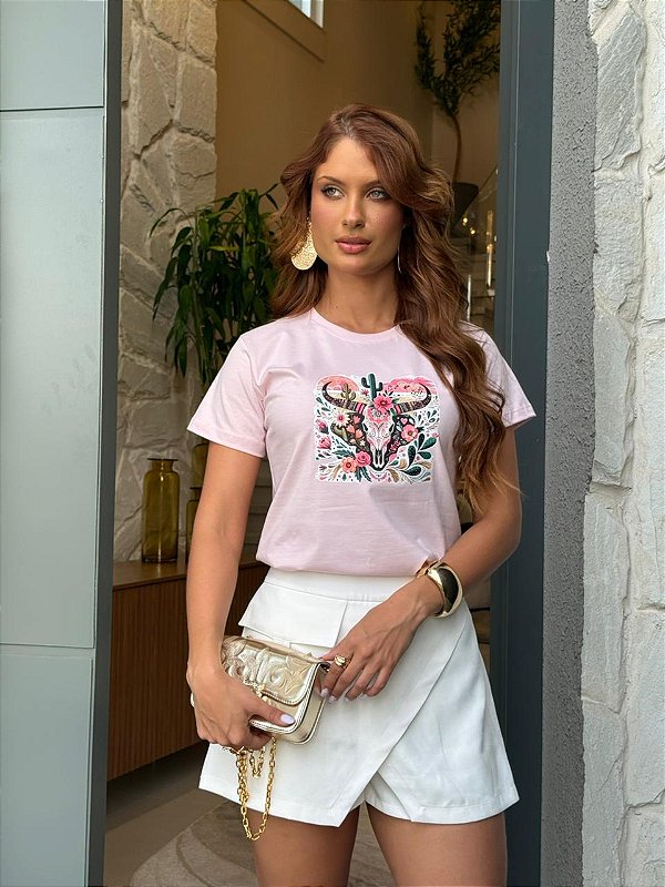 T-SHIRT DTF LONGHORN FLORAL - ROSA ROMANTIC