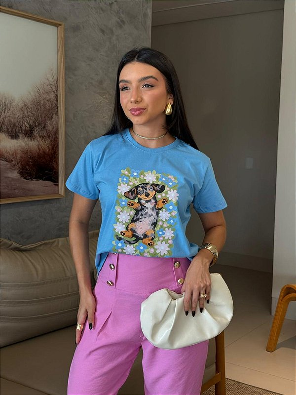 T-SHIRT DTF CACHORRO FLORES - AZUL JEANS