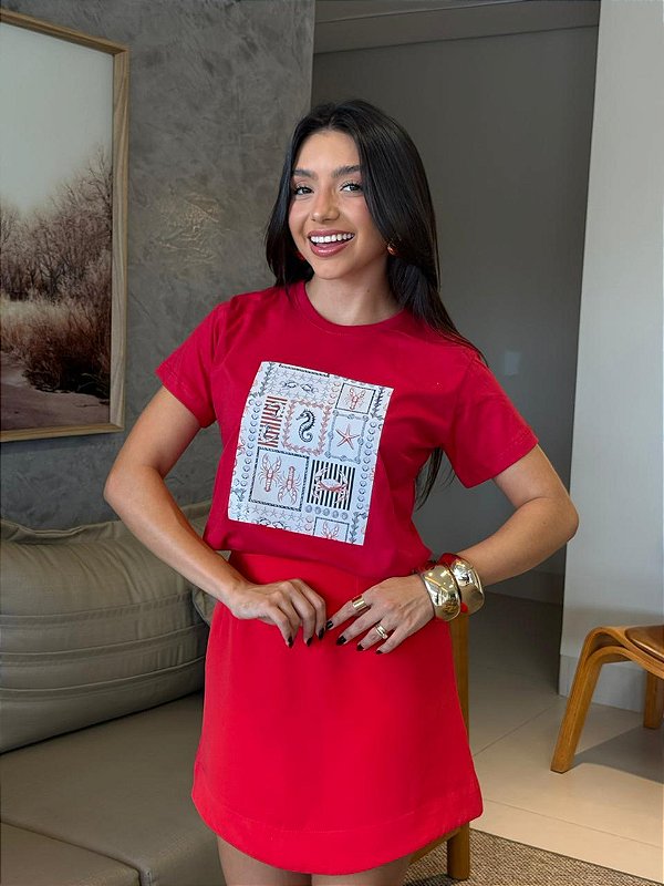 T-SHIRT DTF MOSAICO FUNDO DO MAR - VERMELHO