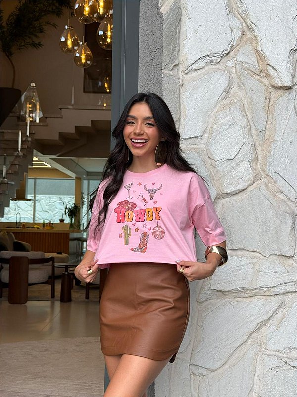CROPPED OVERSIZED DTF HOWDY CHAPEU - ROSA CLARO