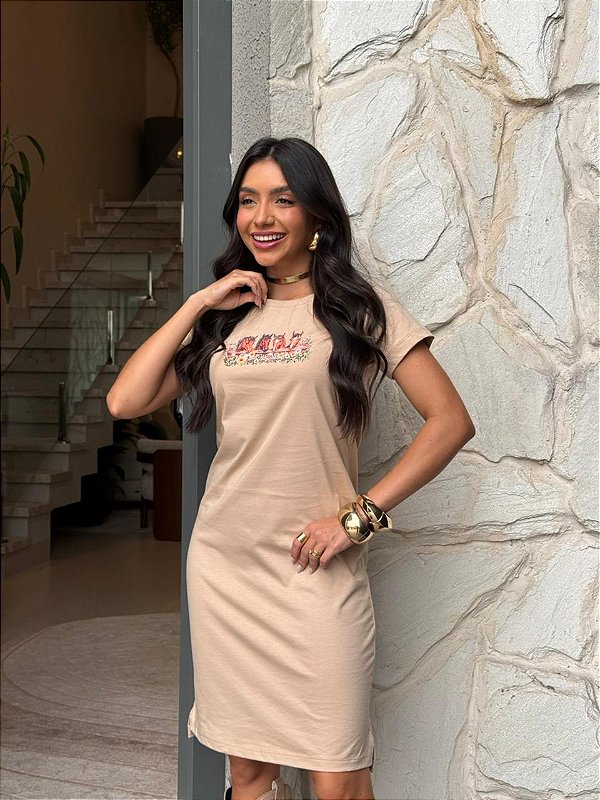 VESTIDO DRESS DTF CAVALOS E FLORES - BEGE DUNAS