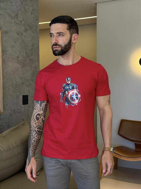 CAMISETA MASCULINA DTF CAPITÃO AMERICA - VERMELHO