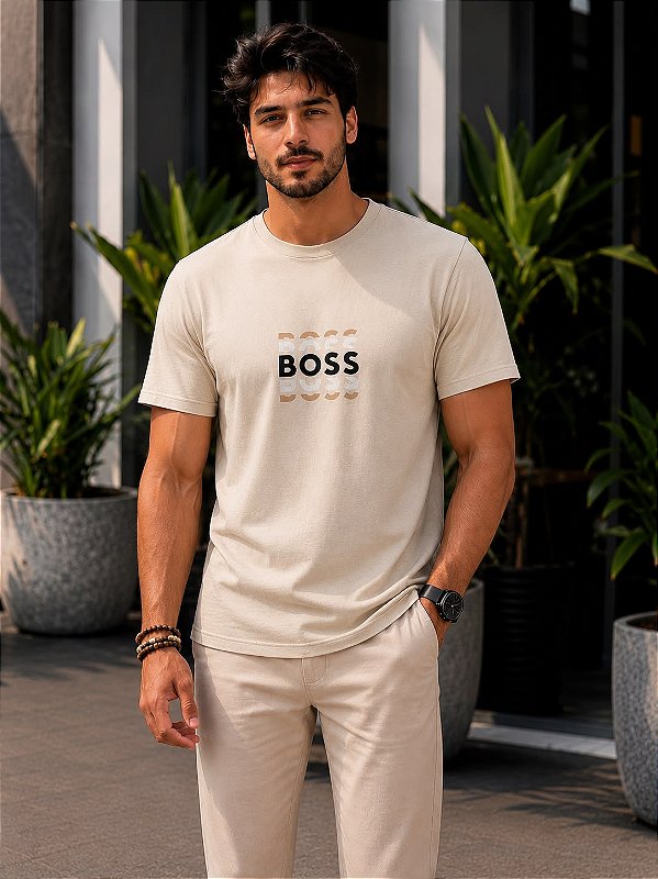 CAMISETA MASCULINA DTF BOSS ESPELHADO - BEGE NATURAL
