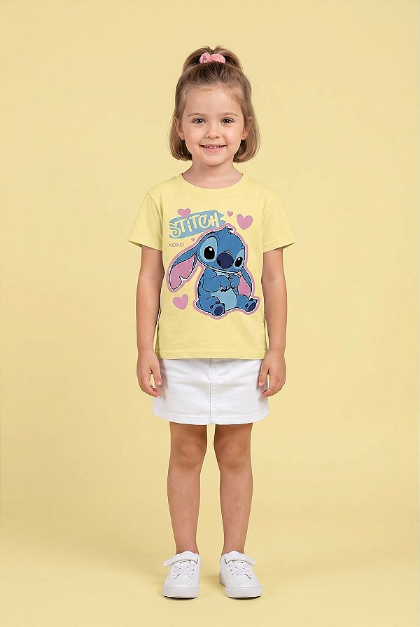 T-SHIRT INFANTIL DTF STITCH XOXO - AMARELO MANTEIGA