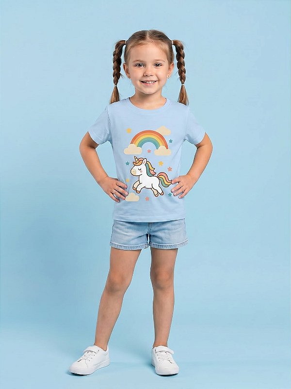 T-SHIRT INFANTIL DTF UNICORNIO ARCO IRIS - AZUL CÉU