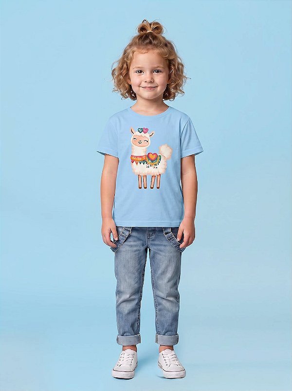 T-SHIRT INFANTIL DTF LHAMA CORAÇÕES - AZUL CÉU
