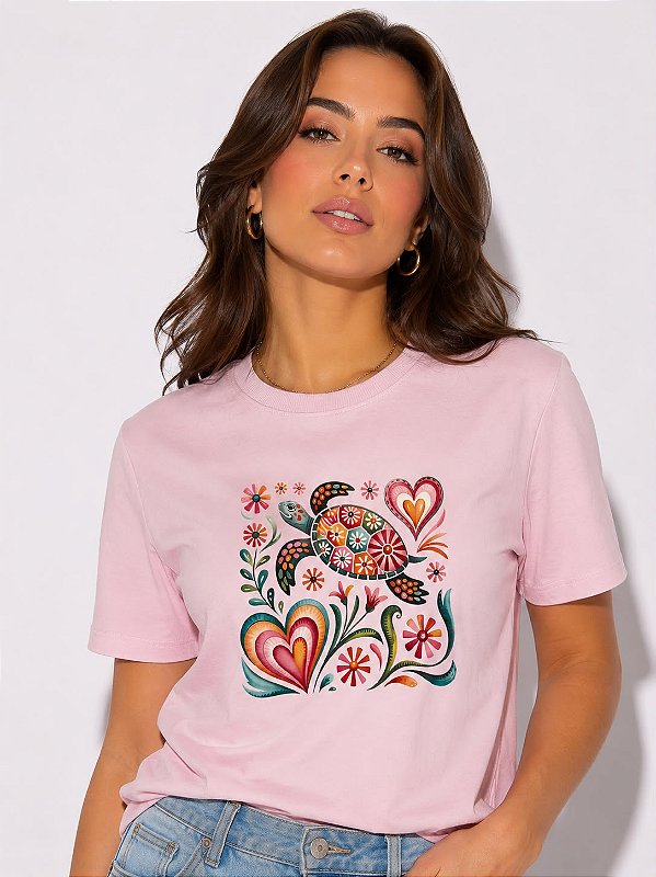 T-SHIRT DTF TARTARUGA FLORAL - ROSA CLARO