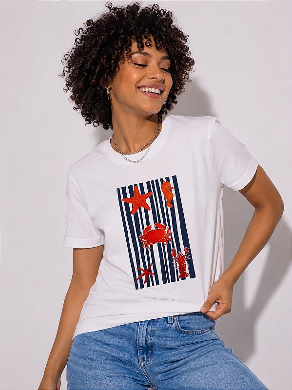 T-SHIRT DTF FRUTOS DO MAR LISTRAS - BRANCO