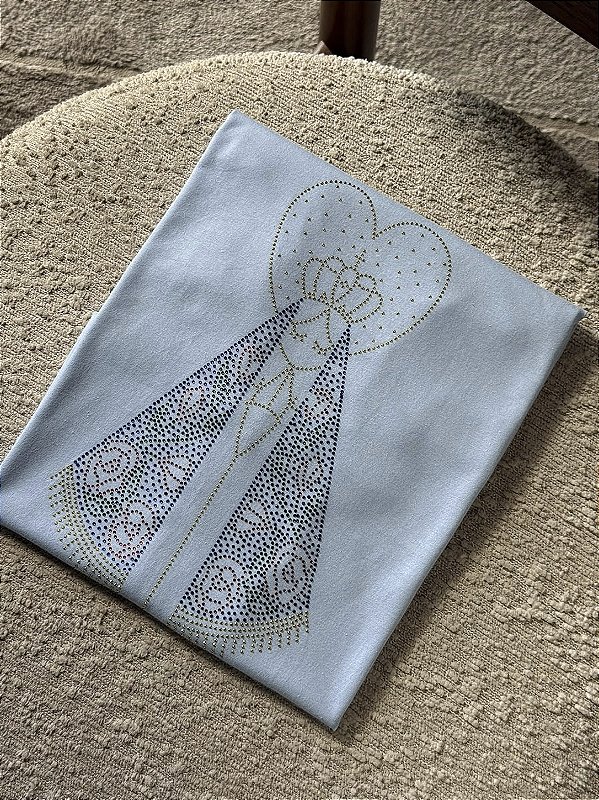 T-SHIRT DTF NOSSA SENHORA CORAÇÃO STRASS - AZUL CÉU
