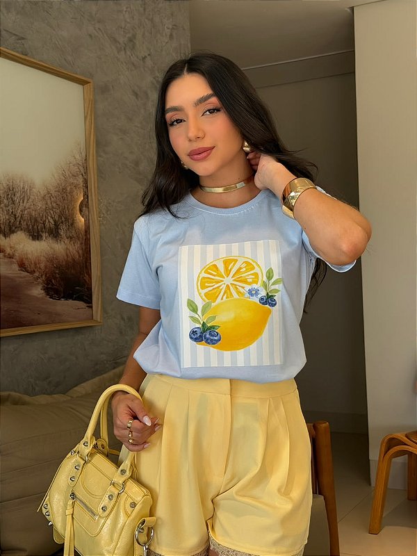 T-SHIRT DTF LIMÃO & BLUEBERRY - AZUL CÉU