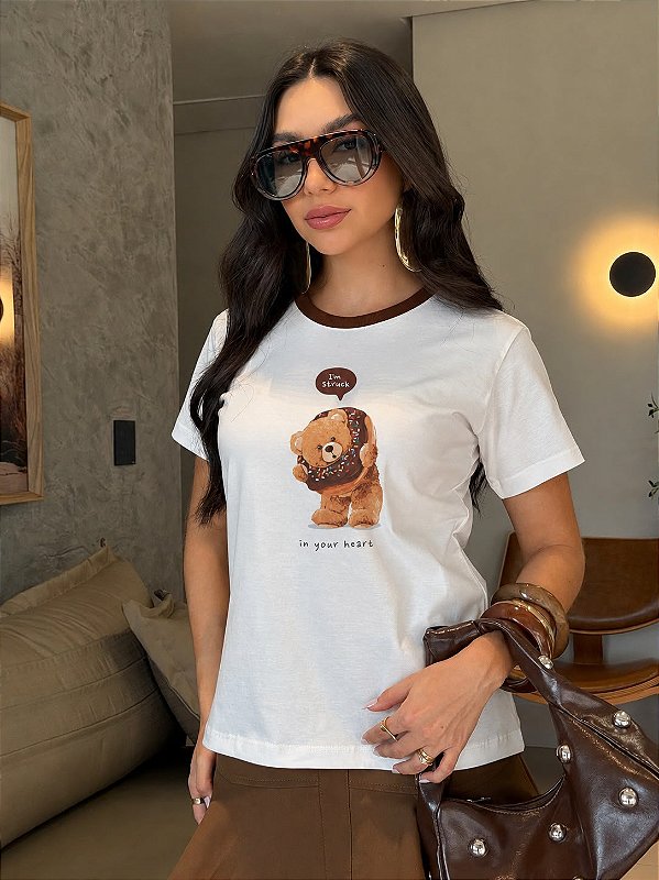T-SHIRT DTF BICOLOR URSO DONUTS - OFF WHITE(MARROM)