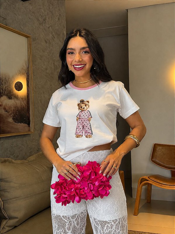 T-SHIRT DTF BICOLOR URSA POA ROSA - OFF WHITE(ROSA)