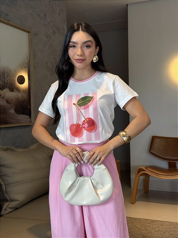 T-SHIRT DTF BICOLOR CEREJAS LISTRAS - OFF WHITE(ROSA)