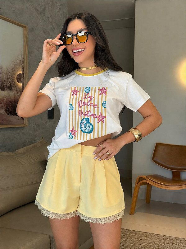 T-SHIRT DTF BICOLOR LA DOLCE VITA LISTRAS - OFF WHITE(AMARELO)